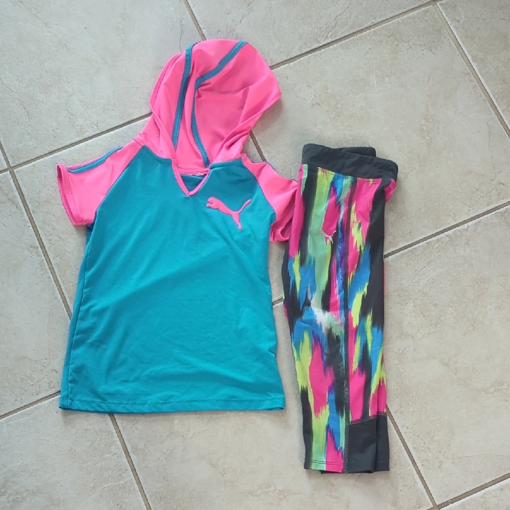 Puma Pink and Teal Hoodie with Multicolor Capri Leggings, Girl Size 7